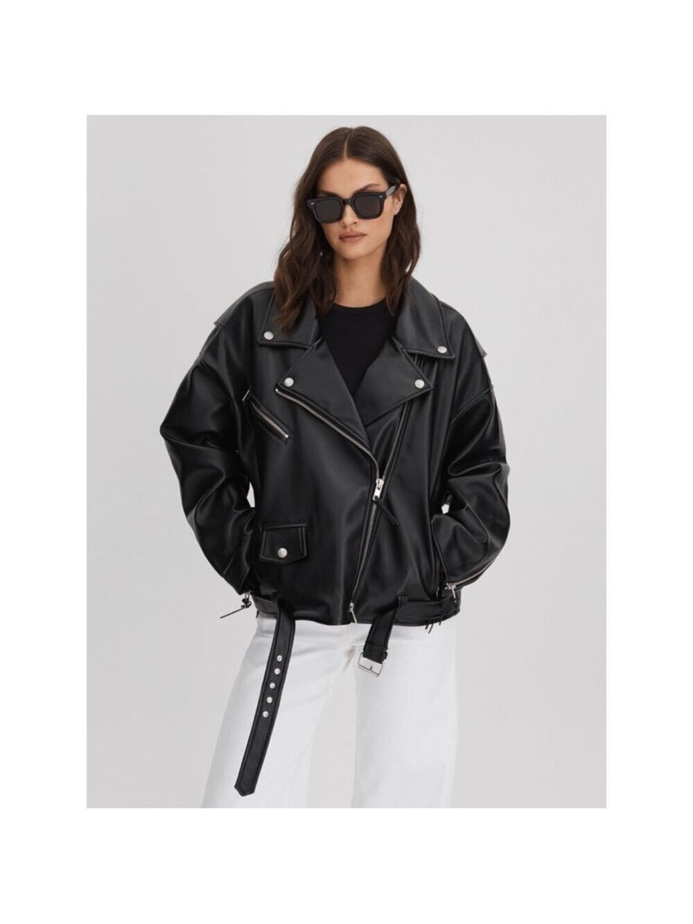 Women's Good American Black Oversized Faux Leather Biker Jacket XXS/XS